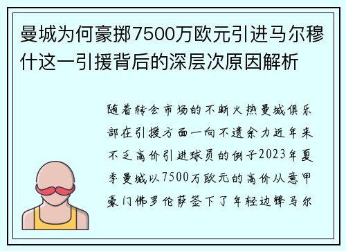 曼城为何豪掷7500万欧元引进马尔穆什这一引援背后的深层次原因解析