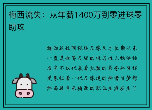 梅西流失:从年薪1400万到零进球零助攻 梅西流失:从年薪1400万到零进球零助攻