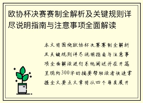 欧协杯决赛赛制全解析及关键规则详尽说明指南与注意事项全面解读