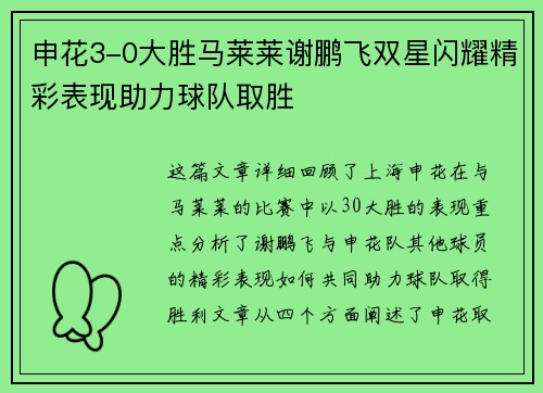 申花3-0大胜马莱莱谢鹏飞双星闪耀精彩表现助力球队取胜