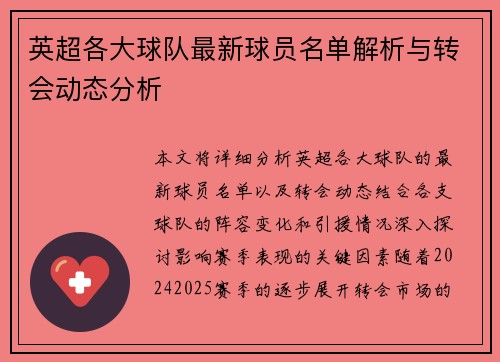 英超各大球队最新球员名单解析与转会动态分析